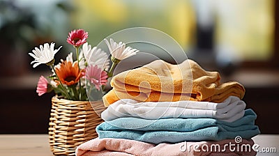 Towel Tidiness. Organizing with Colorful Laundry Baskets. Generative AI Stock Photo