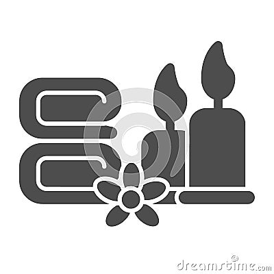 Towels with flower and burning candles solid icon, spa salon concept, Massage, wellness and spa sign on white background Vector Illustration