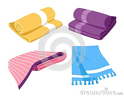 Towels for kitchen and bathroom, rolls for spa, textile objects Vector Illustration