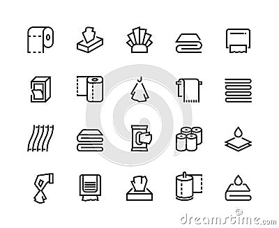 Towels and napkins line icons. Paper tissues bathroom and toilet towels, textile serviette and doily. Vector hand dryer Vector Illustration