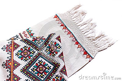 Towels with national hand-embroidered pattern of Ukrainian ethnics Stock Photo