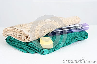 Towels and soap still life Stock Photo