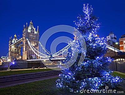 Tower Bridge and Christmas Tree in London Stock Photo