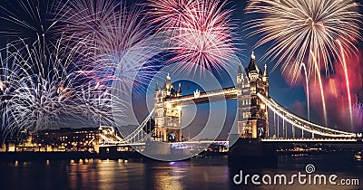 Tower bridge with firework, New Year in London, UK Stock Photo