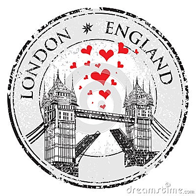 Tower Bridge grunge stamp with hearts, illustration , London Vector Illustration