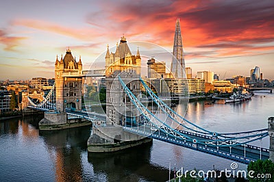 The Tower Bridge of London and the skyline along the Thames river, United Kingdom Stock Photo