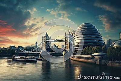 Tower Bridge in London, UK. Beautiful London skyline at sunset, London City, AI Generated Stock Photo