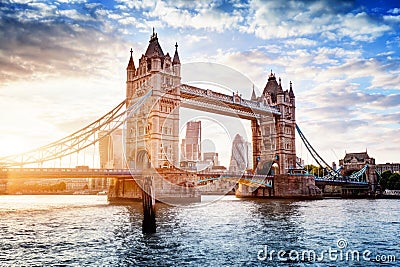 Tower Bridge in London, the UK at sunset. Drawbridge opening Stock Photo