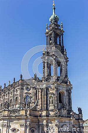 Tower of the catholic Hofkirche church in Dresden Stock Photo