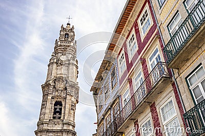 Tower of Church of Clerics and colorful architecture of Porto, Portugal Stock Photo