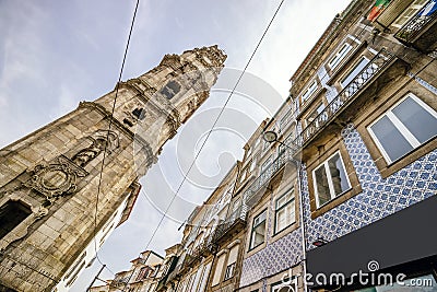 Tower of Church of Clerics and colorful architecture of Porto, Portugal Stock Photo