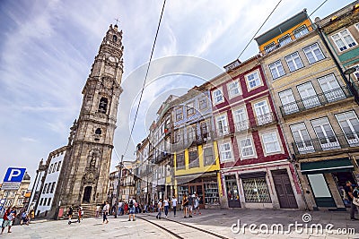 Tower of Church of Clerics and colorful architecture of Porto, Portugal Editorial Stock Photo