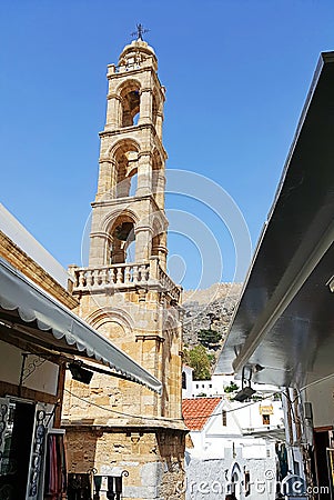 Tower of Church of Panagia in Lindos Editorial Stock Photo
