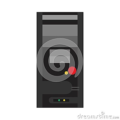 Tower computer vector flat icon server hardware, Black PC cpu case network. Workstation system office box tall storage Vector Illustration