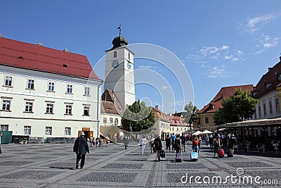 Tower of Council and Big Square in Sibiu, Romania Turnul Sfatului si Piata Mare Editorial Stock Photo