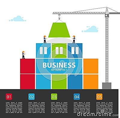 Tower crane made of colored blocks builds city. Vector Illustration. Vector Illustration