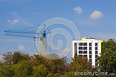 Tower cranes on a construction site near building and green tree Stock Photo