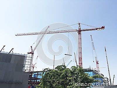 Tower Cranes working on construction site. Stock Photo