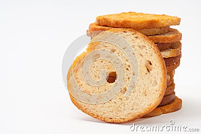 Tower of crispy toasted toast on the white background Stock Photo