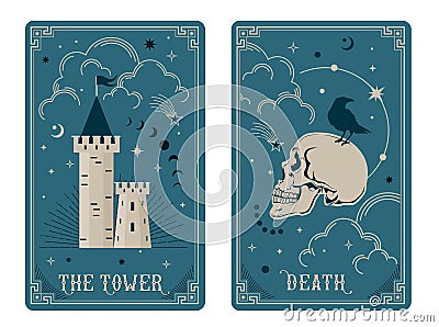 The tower and death tarot card illustration fortune telling Vector Illustration