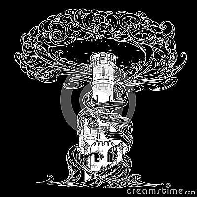 Tower of dreams. Dark gothic tower in the center of a storm Cartoon Illustration