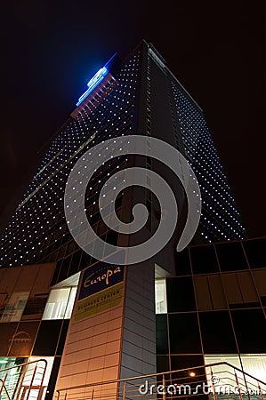 Tower of Europe shopping center during Christmass in Banska Bystrica Editorial Stock Photo