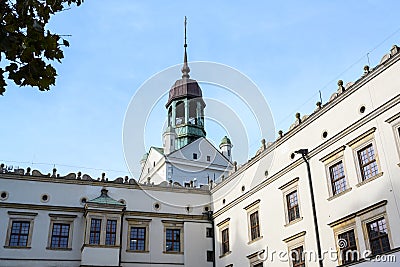 Tower and facade of the Ducal Castle in Szczecin, Poland, former seat of the dukes of Pomerania-Stettin, blue sky with copy space Stock Photo