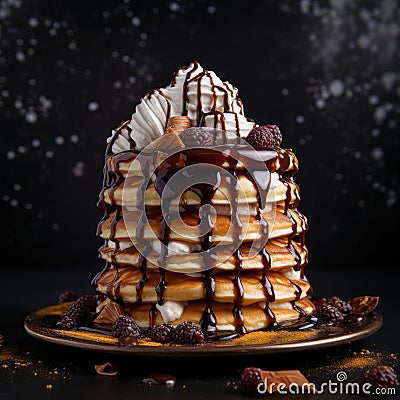 tower of fluffy pancakes, stacked high and drizzled with chocolate sauce and whipped cream by AI generated Stock Photo