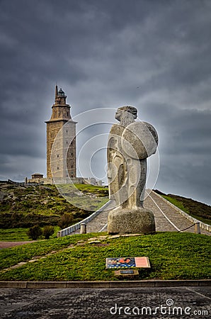 The Tower of Hercules, is an ancient Roman lighthouse near the city of A CoruÃ±a, in the North of Spain Editorial Stock Photo