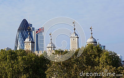 Tower of London, Gherkin, Union Jack Editorial Stock Photo