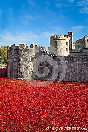 Tower of London 12 November 14. Ceramic poppies installation by Editorial Stock Photo
