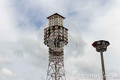 The tower with many amplified speakers Stock Photo