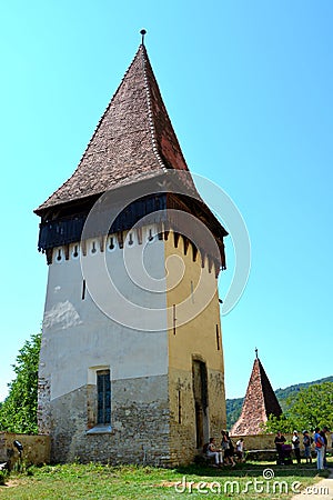 Tower of the medieval fortified saxon church Biertan, Transylvania Editorial Stock Photo