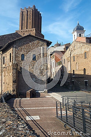 The Tower of the Militia from the central body of the Trajanâ€™s Market in Rome, Italy Editorial Stock Photo