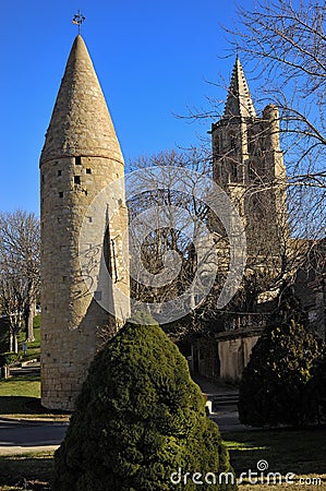 Tower and Notredame des Miracle, Avignonet-Lauragais, Midi Pyrenees, France Stock Photo