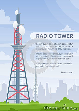 Tower radio flat vector poster template. Telecommunication and broadcasting wireless technology informational banner Vector Illustration