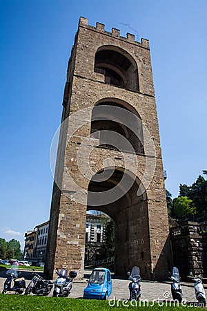 Tower of San Niccolo a gate built on 1324 as a defense tower located in Piazza Poggi in Florence Stock Photo