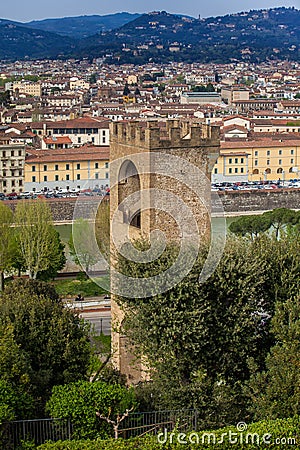 Tower of San Niccolo and view of the city of Florence from Michelangelo Square Stock Photo