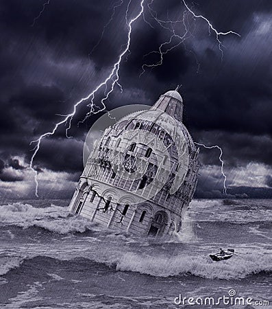 Tower sinking in flood and storm Stock Photo