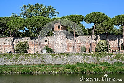 Tower and wall of the Cittadella Nuova New Citadel, now called Giardino Scotto Scotto`s Garden an old fortress in Pisa at the Stock Photo