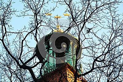 Tower with a weather vane of three crowns through the branches of a tree against a background of clear sky Stock Photo