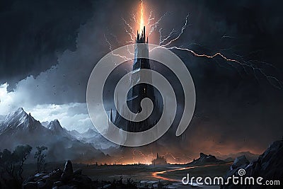 a towering black tower in mordor, with lightning bolts flashing and thunder roaring Stock Photo