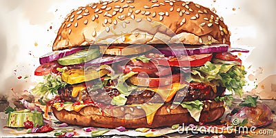 A towering burger in a watercolor painting that captures the heartiness and indulgence of a classic burger Stock Photo