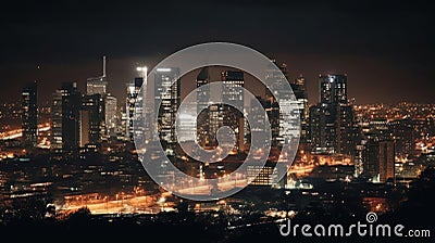 A towering city skyline at night with bright lights created with Generative AI Stock Photo
