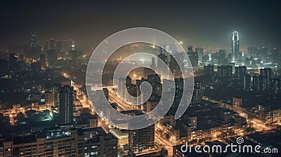 A towering city skyline at night with bright lights created with Generative AI Stock Photo