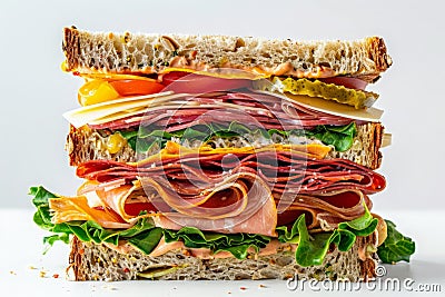 The Towering Delight A Masterpiece Gourmet Sandwich Stock Photo