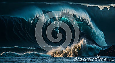 Towering high above the ocean, the colossal wave surged forward seeming to engulf everything in its path. Stock Photo