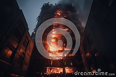 Towering inferno, city building fire burning Stock Photo