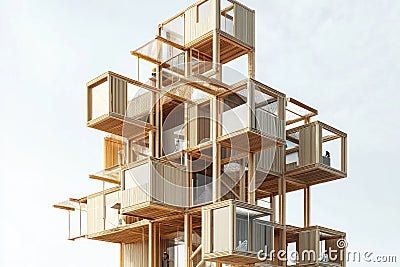 towering modular structure showcasing innovative building design with stacked components. unique architecture emphasizes Stock Photo