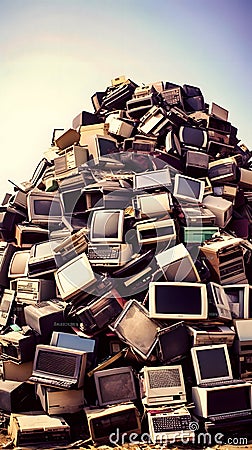 E-Waste Mountain: Recycled Laptops & Computers - generative ai Stock Photo